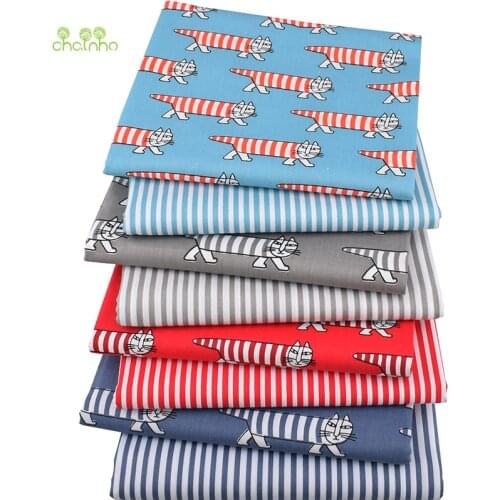 Chainho,4 Color,Striped Cat Series,Printed Twill Cotton Fabric,Patchwork Cloth For DIY Sewing&Quilting Baby&Kids Material CC353
