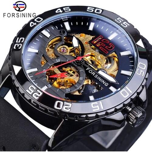 Forsining Brand Men Sport Watch Automatic Half Skeleton Hollow Black Luminous Clock Genuine Leather Male Mechanical Wristwatches