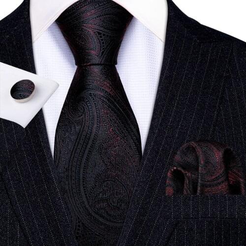 3PC Fashion Luxury Dark Floral 100% Silk Tie Gifts For Men Suit Wedding Red Tie Barry.Wang NeckTies Hanky Sets Business LN-5316