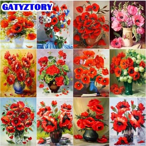 GATYZTORY Pictures By Number Red Flower Handpainted Home Decoration Oil Painting By Number Flower Vase Drawing Canvas Wall Art G