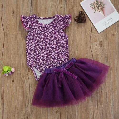 2Pcs Baby Summer Outfits Floral O-Neck Ruffle Sleeves Romper + Elastic Tutu Skirt with Bowknot for Girls 0-24 Months
