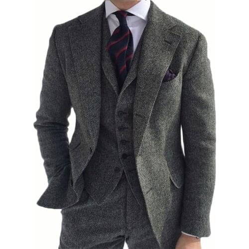 Grey Mens Winter Retro Groom Wear Wedding Suit Business Suit Party Suit Herringbone Pattern Tweed 3Pieces(Jacket+Pants+Vest)