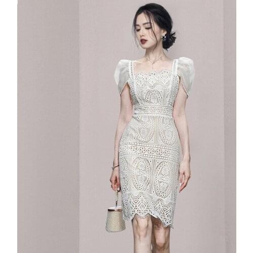 Summer Dress 2021 New Elegant Lace Hook Flower Square Collar Pencil Dresess Garment Sleeves Wave Cut Womens Commute Dress