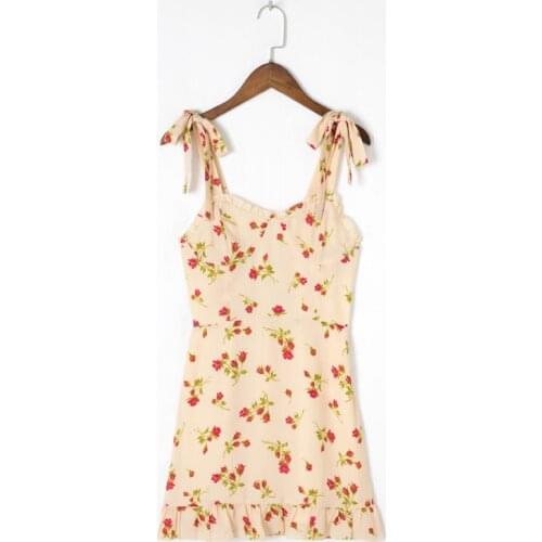 Summer Womens Casual Flower Printed Bowknot Decorated Slim Sling Dress