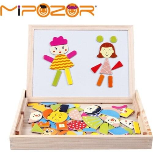 MIPOZOR Wooden Puzzles Figure statue Family Multifunctional Magnetic Puzzle Drawing Board Educational Jigsaw Toys For Kids