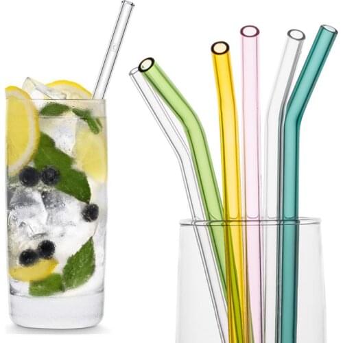 8 Colors Reusable Glass Straws 4pcs Drinking Straws with Cleaning Brush Eco-Friendly High Borosilicate Glass Straw Bar Drinkware