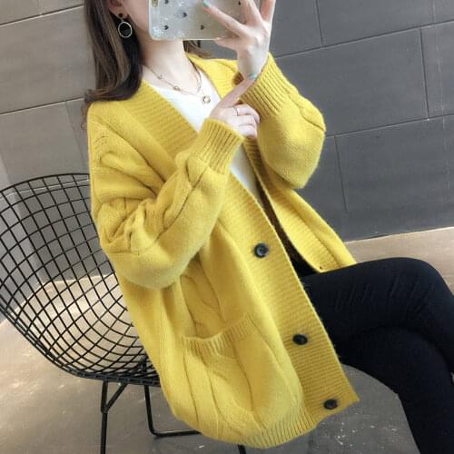 Autumn V-Neck Mid Length Twist Knit Womens Cardigan Solid Color Sweater Coat All-Match Pockets Loose Casual Cardigan Women C7502