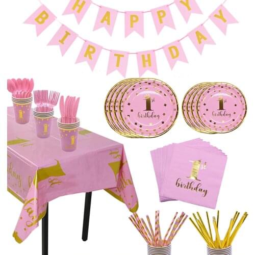 First Happy Birthday Disposable Tableware Set Pink Blue Plate Straws Napkins Cup for Baby Shower 1 Year Old Birthday Party Decor