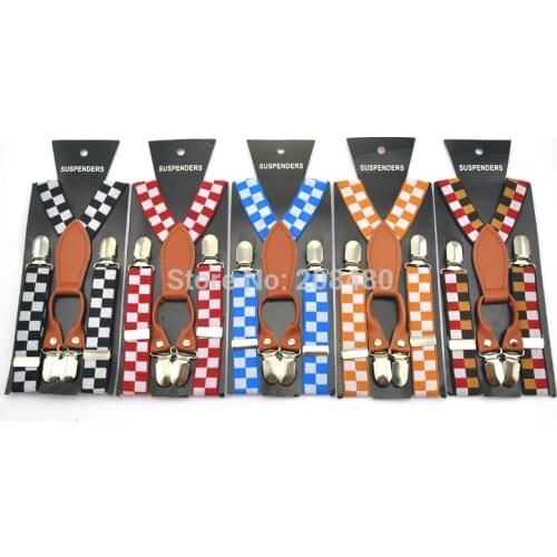 2.5cm Plaid Checker Kids Suspenders For Trousers Pants Holder Y-Genuine Leather BOYS GIRLS Suspender Elastic Braces 4 Clips Top