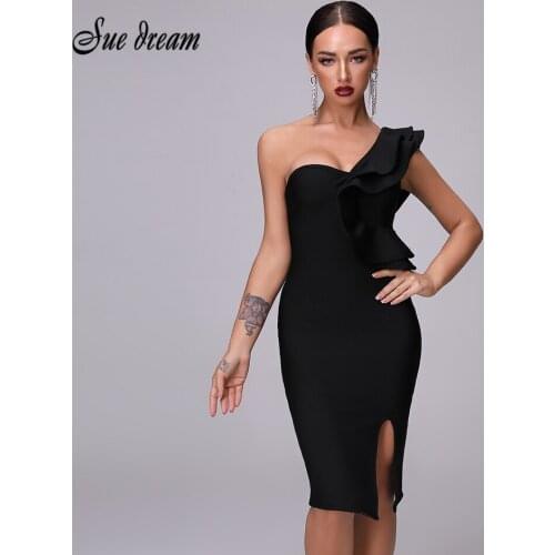 Sexy Bandage Black Split Dress Womens Dress 2020 New Club One Shoulder Tight Dress Ruffled Fashion Sexy Party Christmas Dress