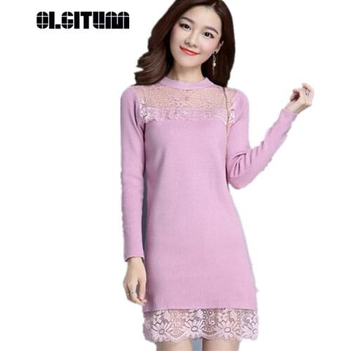 Women Sweater Solid Autumn Winter Splicing Lace Fashion Sweater Shoulder Lace in The Long Section of the End of Sweater SW634