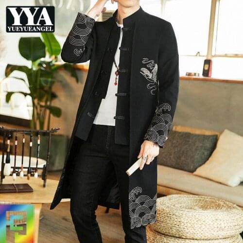 Vintage Men Long Trench Coat Embroidery Tang Suit Coat Slim Fit Sobretudo Stand Collar Retro Plus Size 5XL Male Windreaker Coats