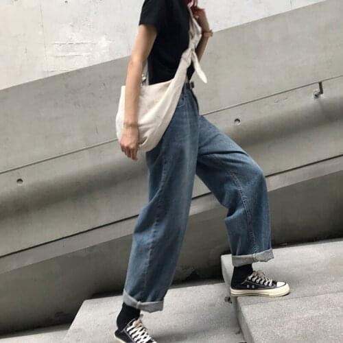 Women Denim Trousers Korean version Retro washed Street Versatile High waist Loose BF Straight wide leg Pants