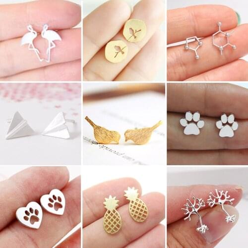 Trendy Cute Dog Paw Stud Earrings for Women pendientes Minimalist Birds Flamingos Pineapple Plane Earings Kids Jewelry BFF Gift