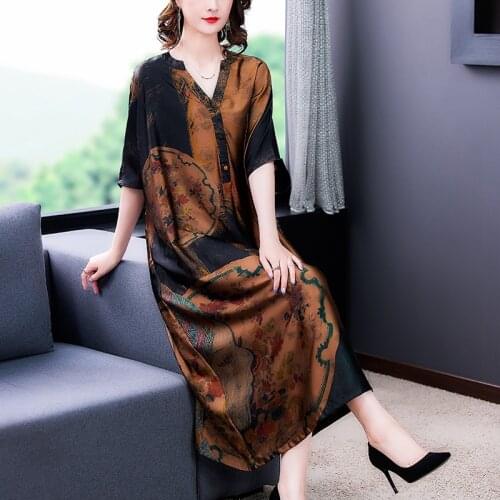 2021 Summer Vintage Print Mulberry Silk Beach Midi Dress Women Loose 4XL Plus Size Casual Dresses Elegant Bodycon Party Vestidos