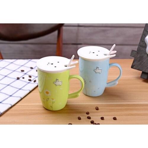 1PC Cartoon Ceramic mug cartoon cat monkey rabbit bear lovers cup of milk coffee cup with spoon cover NQ 010