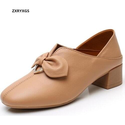 2021 New Fashion Sweet Bow Women Shoes Top Soft Cowhide Two-wear Loafers Shoes Thick-heeled Large Size Women Leather Shoes