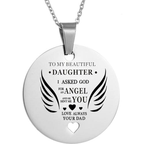 AMORUI To My Beautiful Daughter Heart Pendant Necklace Dads Angel Wing Love Charm Choker Chain Necklaces for Baby Girls Jewelry
