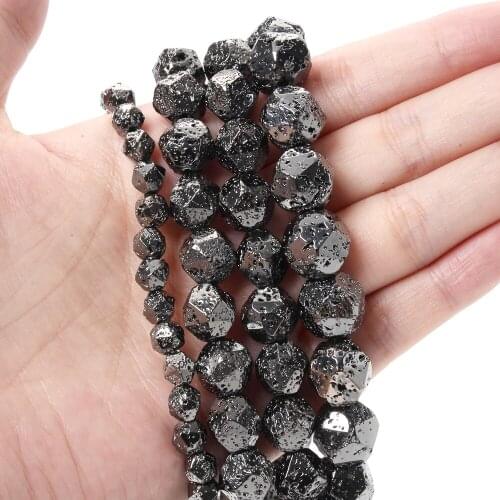 Gun Black Plating Lava Beads Natural Faceted Loose Spacer Bead for Jewelry Making DIY Charm Bracelet Accessories 6/8/10/12mm