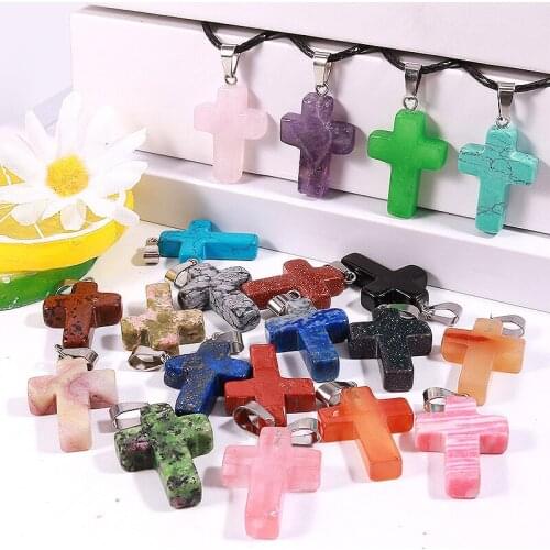 Rope Chain Cross Shape Stone Healing Pink Blue White Green Crystal Quartz Pendant Necklace Wholesale Charms Jewelry