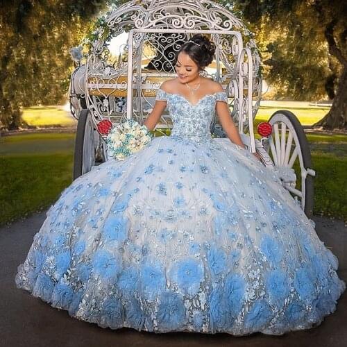 2021 Baby Blue Sweet 16 Quinceanera Dresses For Girls 3D Flowers Sweetheart Lace-up Ball Gown Pageant Vestidos De 15 Años