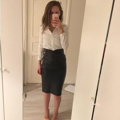Elegant Mid Pencil Skirts Women Faux Leather Skirt Office Lady High Waist Slim Party Pencil Skirt Black Ladies Skirt