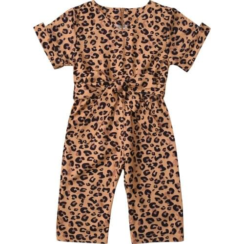 FOCUSNORM 0-4Y Summer Fashion Baby Girls Jumpsuits Leopard Printed Ruffles Short Sleeve V Neck Belt Rompers