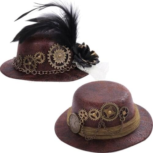 Halloween Gothic Mini Top Hat Steampunk Gears Chain Feather Cosplay Hair Clip M68A