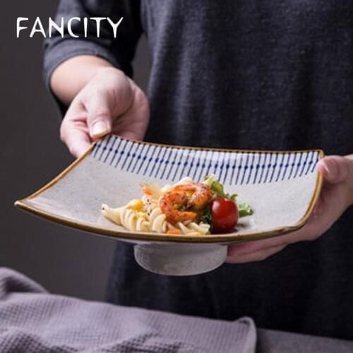 FANCITY Ceramic high-foot square plate, sushi plate, dessert plate, dumpling plate, fruit salad plate, soup plate, restaurant