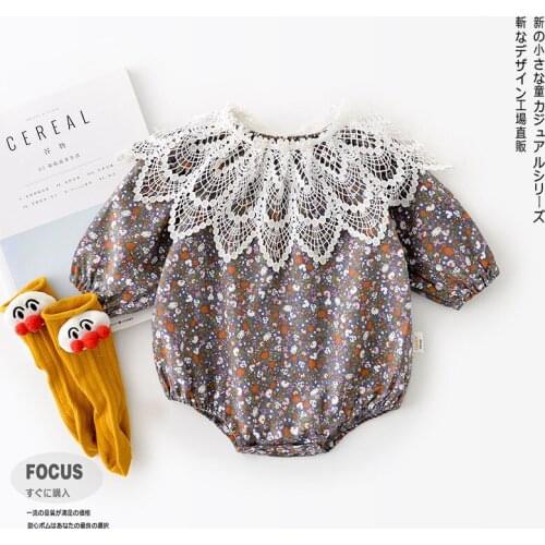 20 Autumn New Korean Baby Girl Long-Sleeved Cute Floral Romper Lace Collar Removable