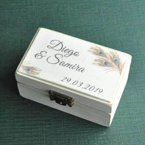 Wedding Ring Box Personalized Wedding Ring Bearer Holder Box, Peacock Feather Jewelry Box Rustic Wedding Gift