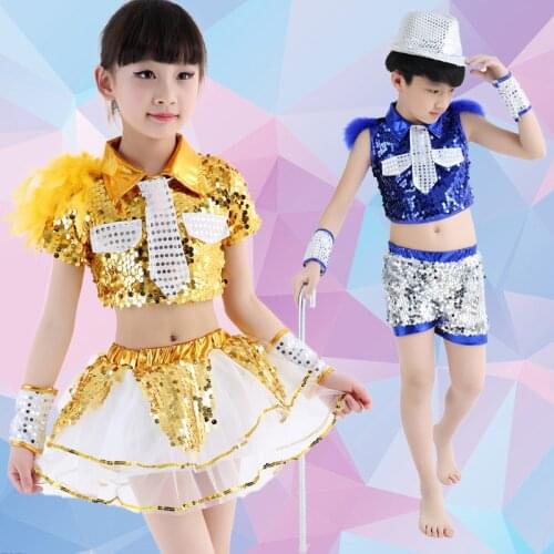 Girl and Boy Jazz Dance Costume Children Modern Dance Clothing Hip-hop Clothes Boys Girls Sequins Jazz Dance Costumes
