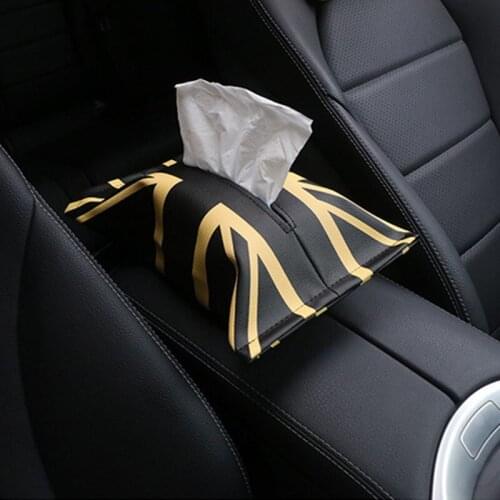 Leather Tissue Box Holder for Auto Styling for Cooper Checkered Gold Union Jack Cartoon Tissue Bag for Min Car Assessoires