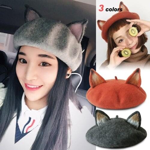 Winter Cute Fox Ear Beret Hat Women Girl Cap Vintage Warm Wool Hat British Style Fashion Girls Artist Head Cover
