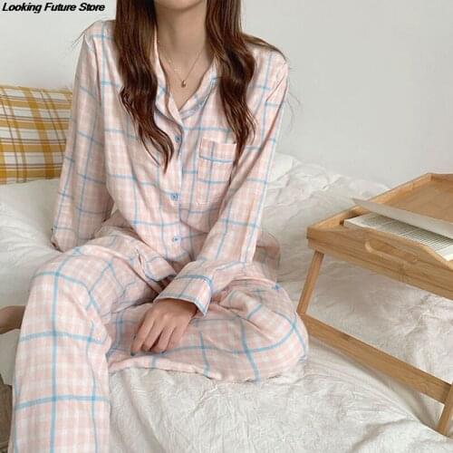 Cute Grid Girls Pajamas Set Korean Autumn Winter New Long Sleeve Leisure Sleepwear Women Loose Nightwear Homewear Suit