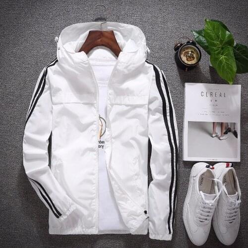 USA size hooded jackets mens stripe Printed long sleeves Sun protection coats fashion Solid color Thin zipper Windbreaker