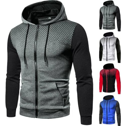 Mens Autumn And Winter Sweatshirt Fashion Stitching Casual Polka Dot Zipper Pocket Hooded Sweater High Quality Simple Daily Top