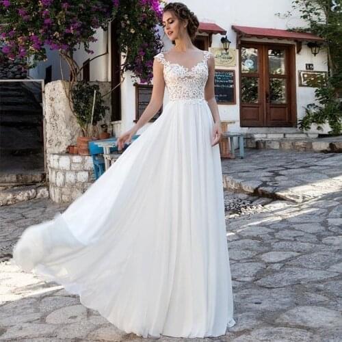 YIWUMENSA Elegant Chiffon A-Line Sweep Train Wedding Dress Sleeveless 2021 Appliques Lace Plus SIze Bridal Gowns Vestido Novias