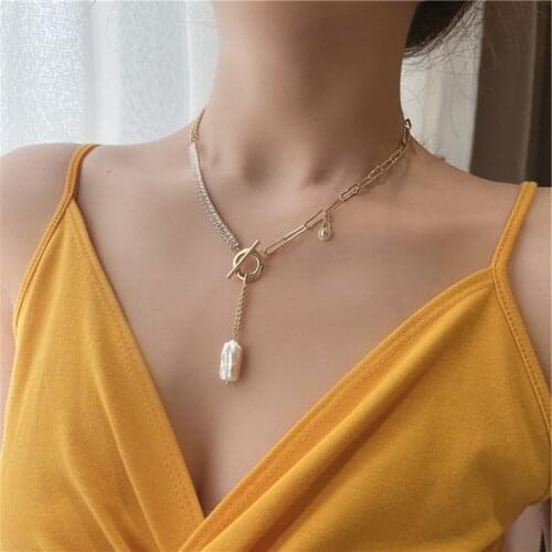 TARCLIY New Fashion Creative Link Chain Stitching Rhinestone OT Buckle Necklace Simple Pearl Pendant Necklace Lady Jewelry Gift