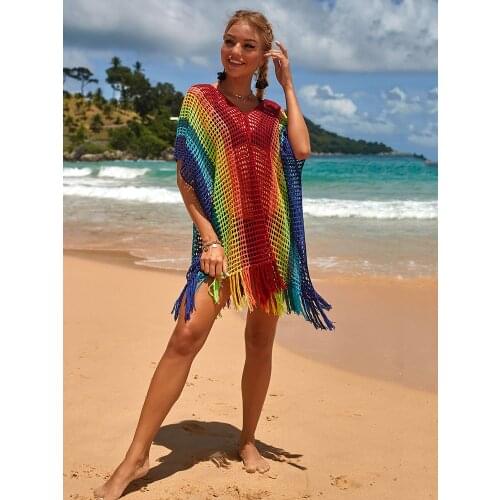 Beach Cover up Multi Crochet Bikini Pareo Dress V neck Over Size Tunic for Beach See Through Robe Plage Swimsuit Cover up Sarong