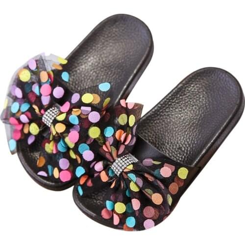 Slippers for Girls Polka Dot Mesh Bow Knot Summer Outdoor Slippers Flip Flops Sole Sole Flat Heels Fashion 2021 Toddler Slippers