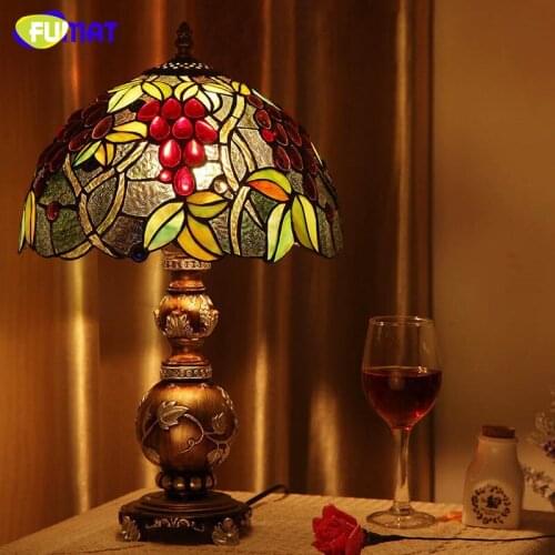 FUMAT European Stained Glass Art Table Lamps Living Room Bedside Lights Vintage Creative Pastoral Dimmer Glass Shade Table Lamp