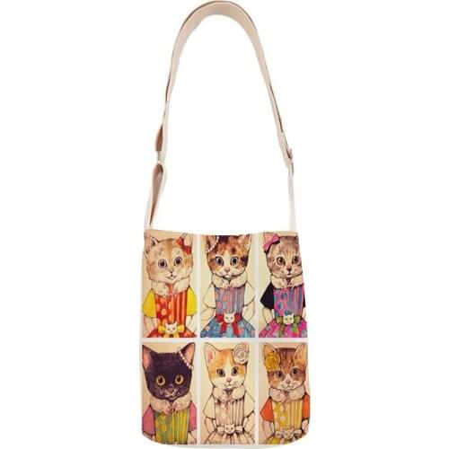 Japanese style illustration cat lady shoulder bag cotton and linen mini bag simple mini messenger casual bag