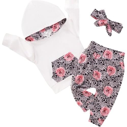 Infant Kids Baby Girl Hooded Sweater + Printed Trousers + Bow Headband, Sweet Style Big Pocket Spring Autumn Clothing Outfit