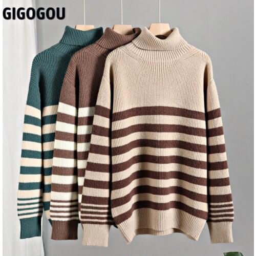 GIGOGOU Casual Loose Striped Women Turtlneck Sweater Winter Thick Warm Cashmere Pullovers Top Soft Female Knitted Jumpers Pull