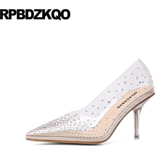 Crystal 8cm Big Size Clear Wedding Shoes Trending Pointed Toe Cinderella Pvc High Heels Women Thin Bridesmaid Transparent Pumps
