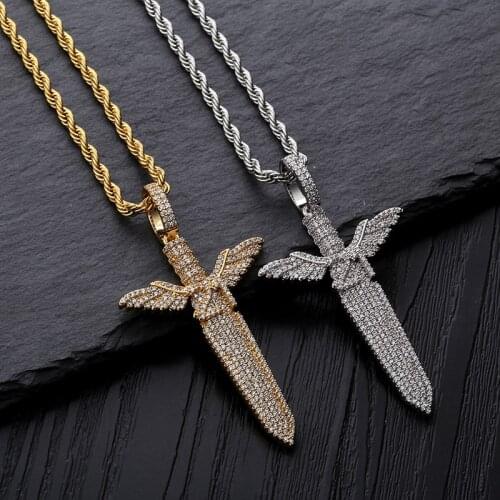 Hip Hop Micro Paved AAA Cubic Zirconia Bling Iced Out 21 Savage Sword Pendants Necklace for Men Rapper Jewelry Gold Color