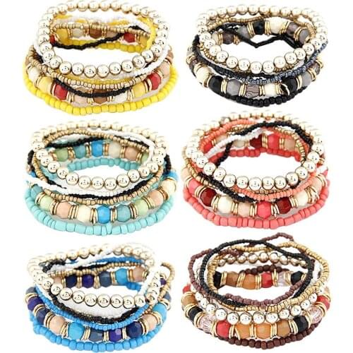 7 Pcs/Set Four Seasons Bohemian Multi-layer Beaded Jewelry and Women Elastic Bracelet 2019 New