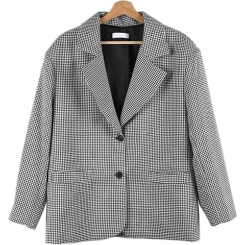 PERHAPS U Women Plaid Pocket Button Long Sleeve Notch Collar Casual Blazer Single-breasted Chic Houndtooth C0342