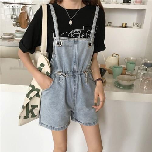 Harajuku Sweet Style Summer One-piece Overalls Denim Shorts for Women Elastic Band Casual Loose 5XL High Waist Jeans Large